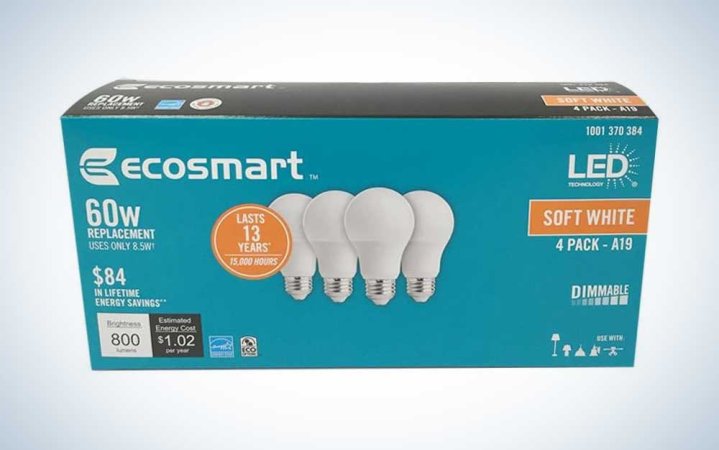  A package of Ecosmart LED light bulbs on a plain background.