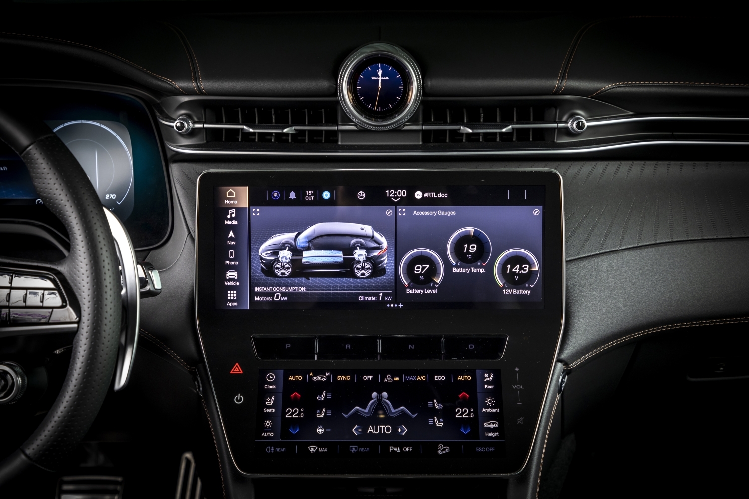 black infotainment system screen showing different settings and clock