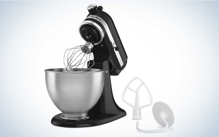  A black KitchenAid classic stand mixer on a plain background.