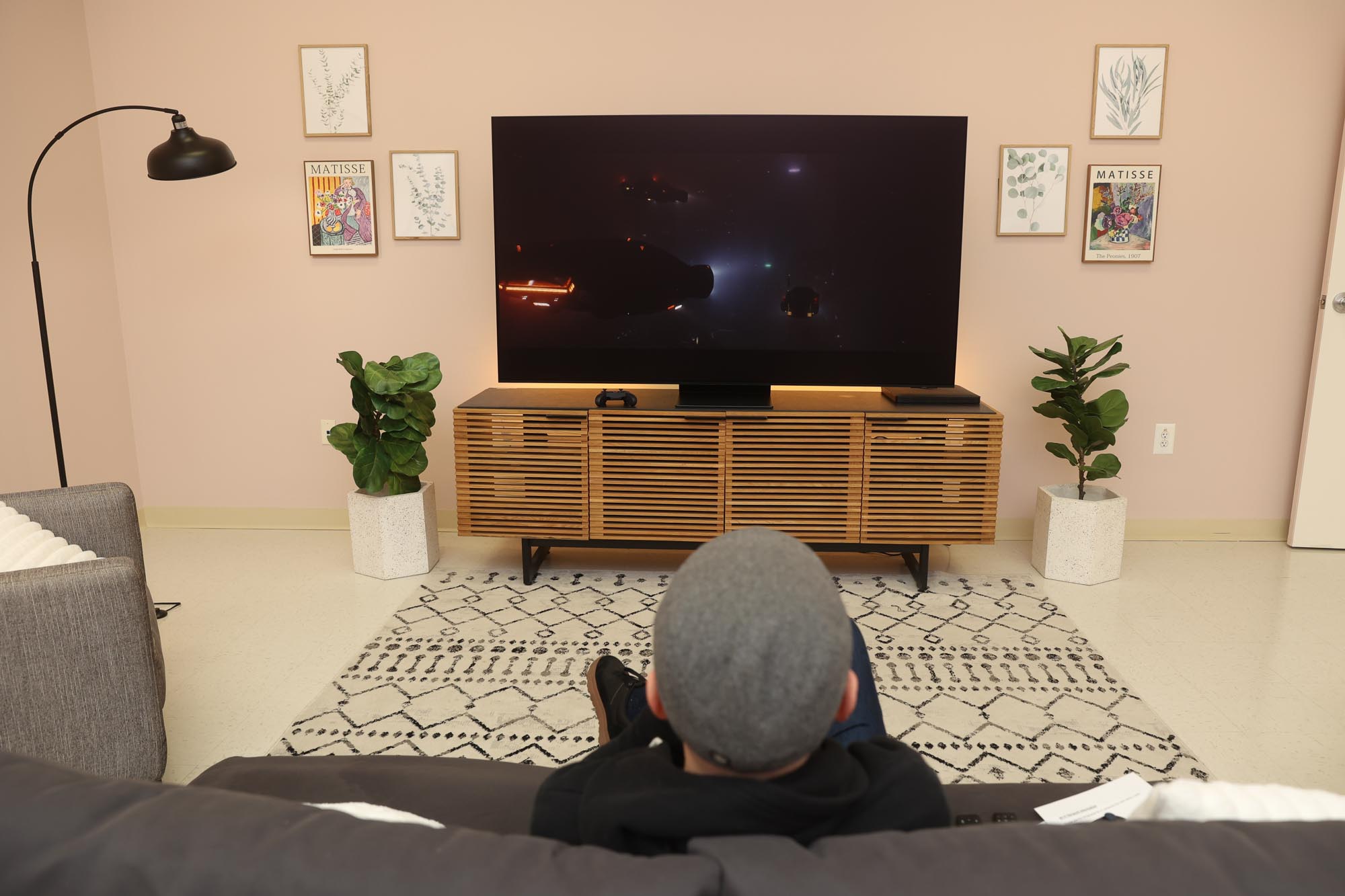 Watching the Samsung OLED TV on a stand with plants