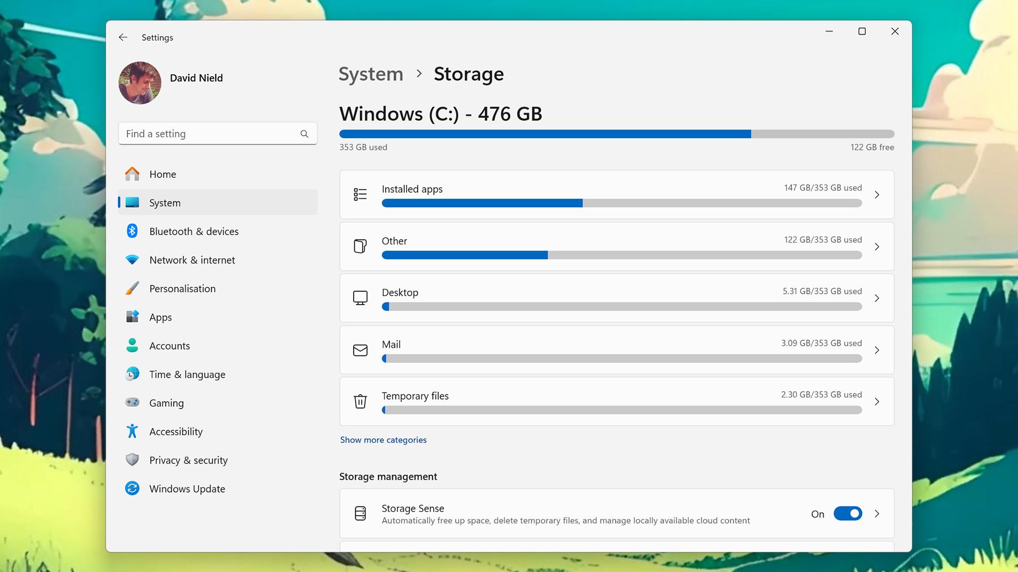 screenshot of system storage on microsoft