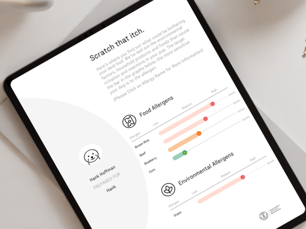 A dog allergy test results sheet pulled up on a tablet.