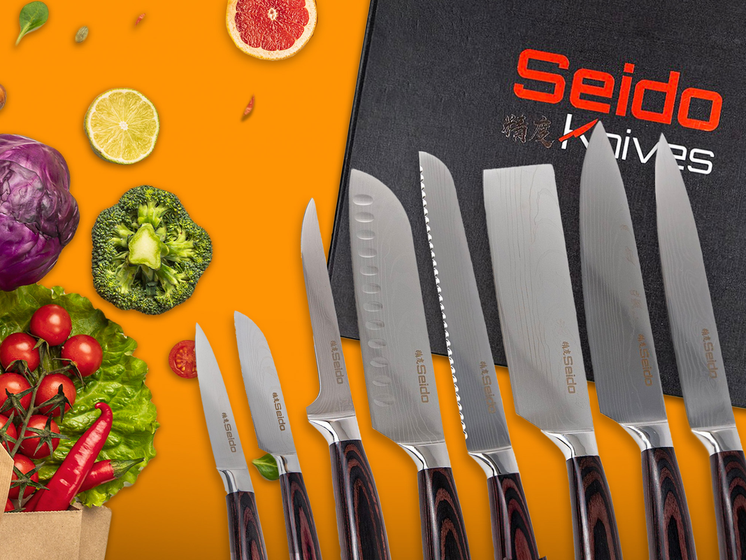 A Seiko knife set on an orange.