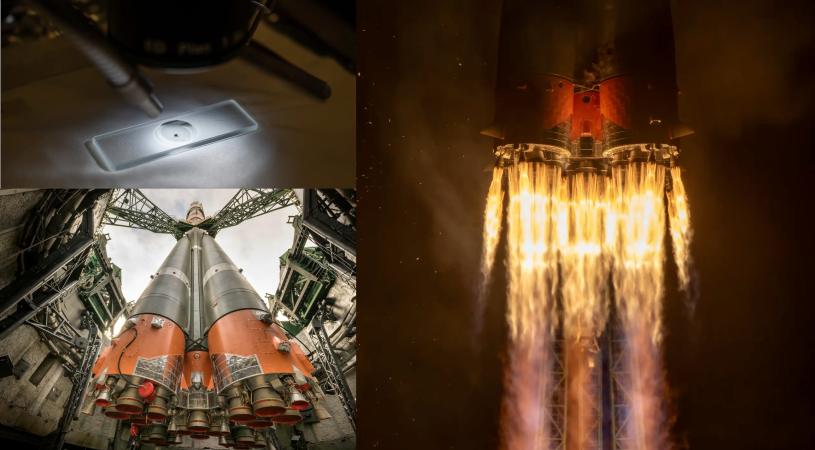 three photos: a sample of rock on a microscope slide, rocket boosters firing, a rocket from below