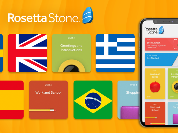 Ad advertisement for Rosetta Stone on an orange background.