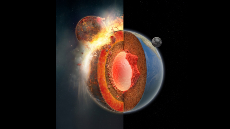 In this illustration, parts of the ancient planet Theia sink and accumulate at the bottom of the Earth’s mantle. This forms two ‘blobs’ called large low-velocity provinces (LLVPs) deep underneath the Earth.
