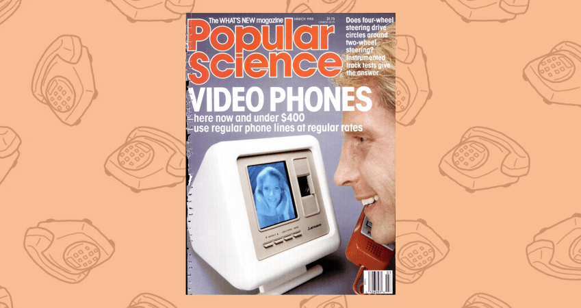 cover of popular science magazine with video phone story on background of old phones