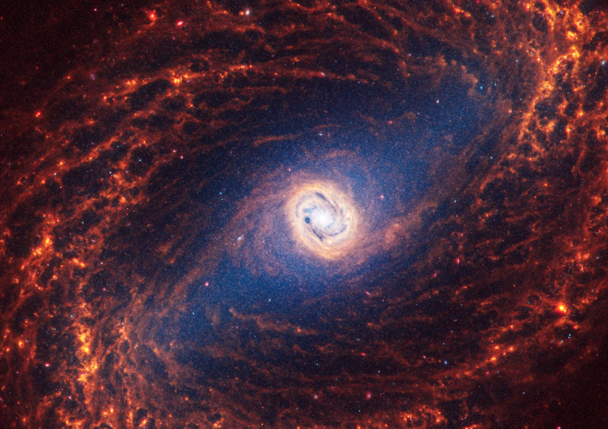 In Webb’s image, the spiral arms are composed of many filaments in shades of orange. Thin dust lanes connect from the core, through the bar to the spiral arms.