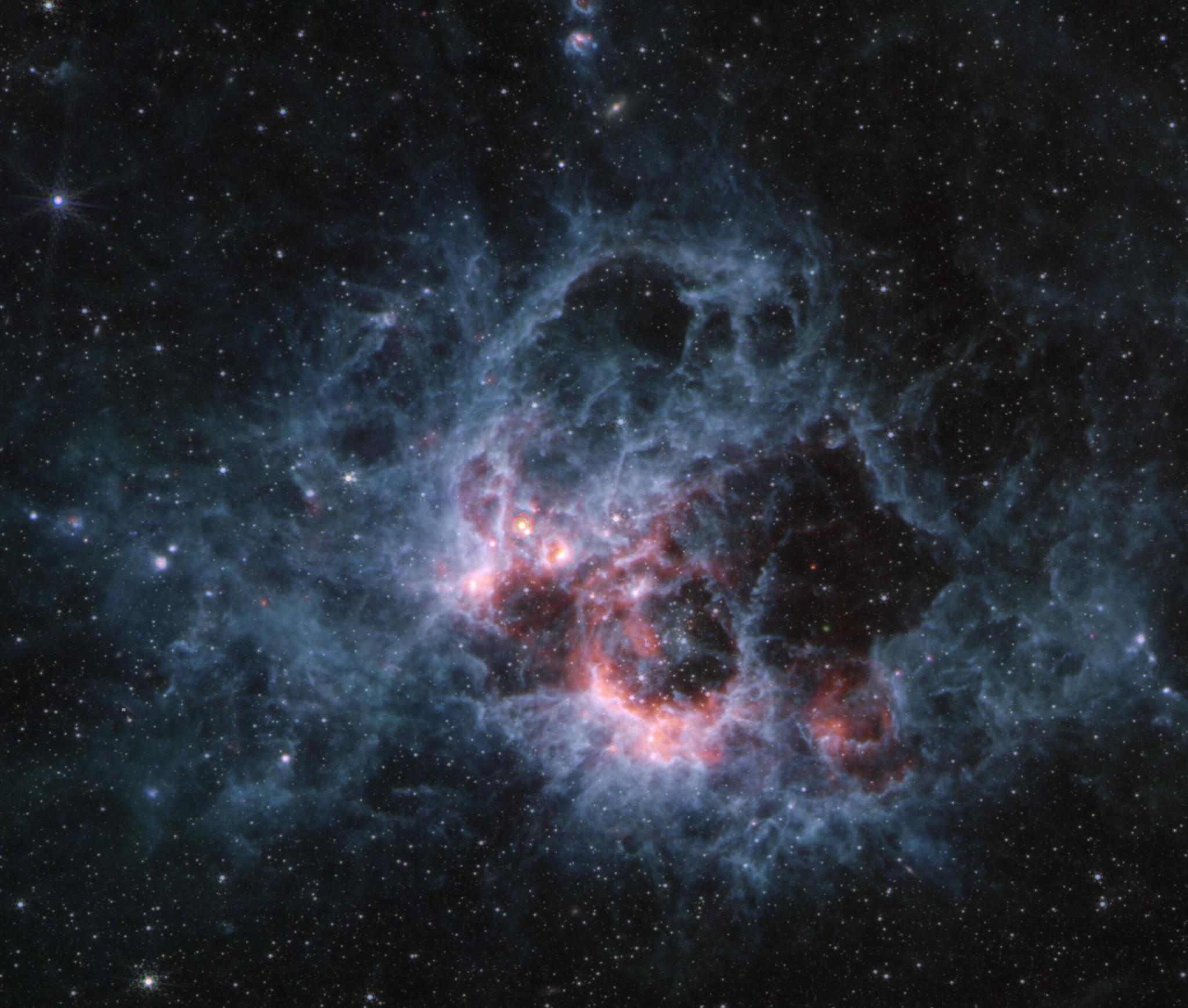 At the center of the image is a nebula on the black background of space. The nebula is comprised of wispy filaments of light blue clouds. At the center-right of the blue clouds is a large cavernous bubble. The bottom left edge of this cavernous bubble is filled with hues of pink and white gas. There are hundreds of dim stars that fill the surrounding area of the nebula.