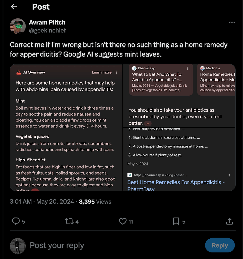 AI Overview response suggesting mint to treat appendicitis