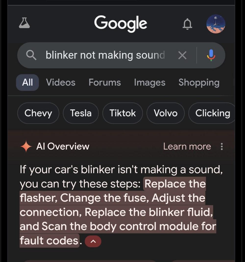 AI Overview response suggesting something called 'blinker fluid' for car repair