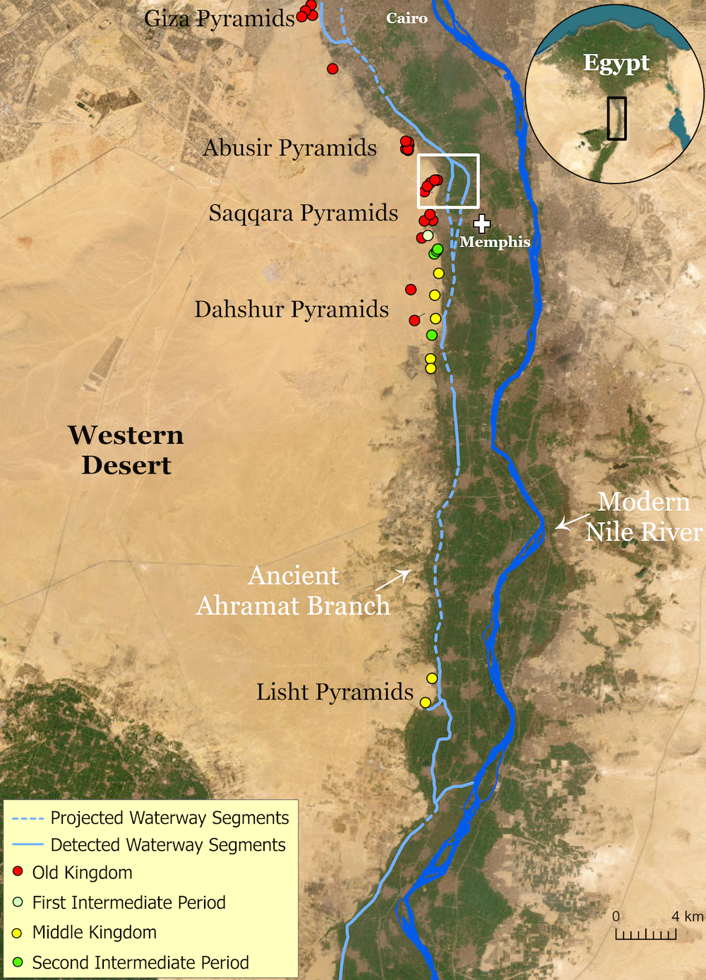 The water course of the ancient Ahramat Branch borders a large number of pyramids dating from the Old Kingdom to the Second Intermediate Period, spanning between the Third Dynasty and the Thirteenth Dynasty. Credit: Eman Ghoneim et. al.