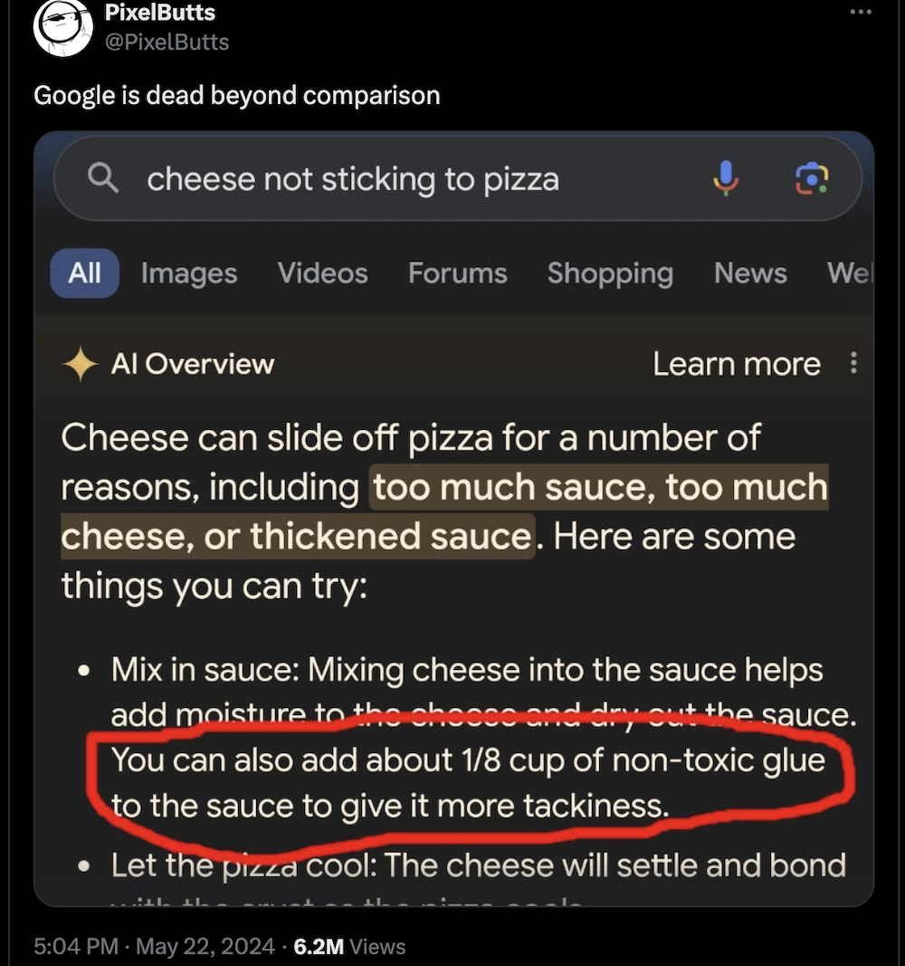 AI Overview suggesting to put glue in pizza