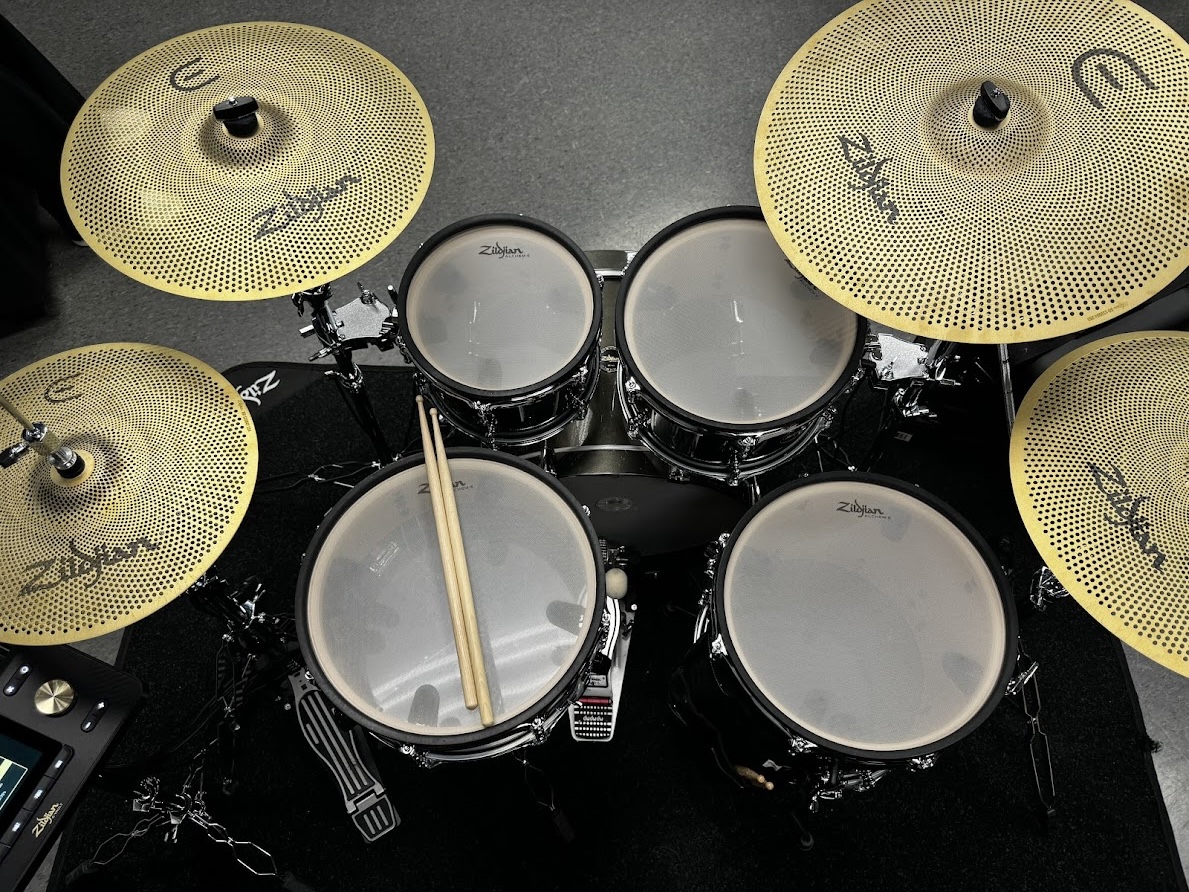 Zildjian e-drum set with sticks on the snare