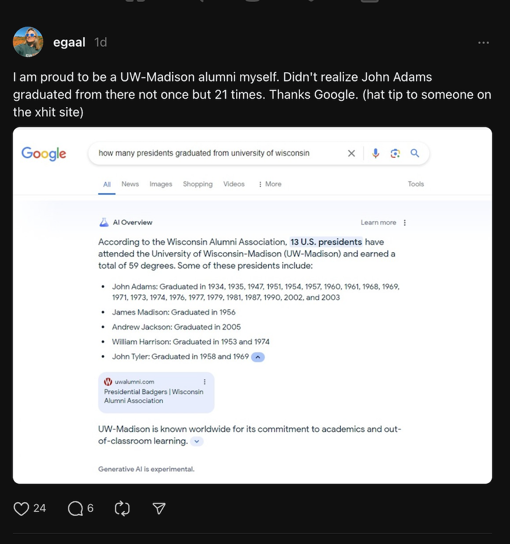 AI Overview answer saying John Adams went to the University of Wisconsin 21 times.
