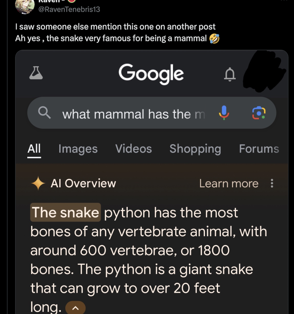 AI Overview response saying snakes are mammals