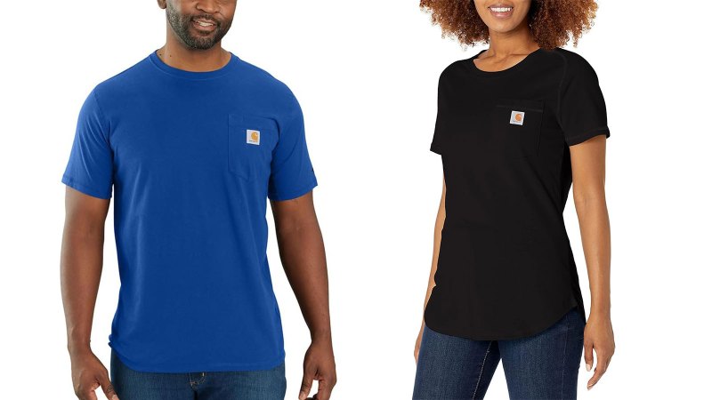 A man and woman wearing Carhartt Force T-Shirts on a plain background