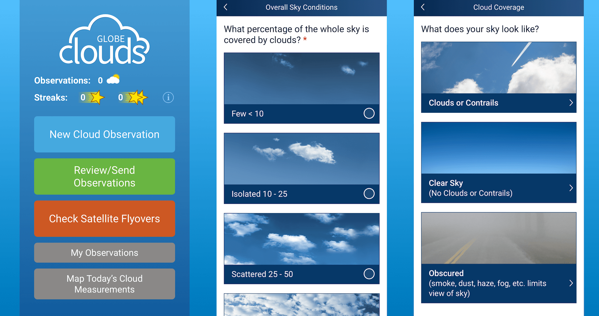 three screenshots of the nasa globe clouds app showing options for reporting cloud types
