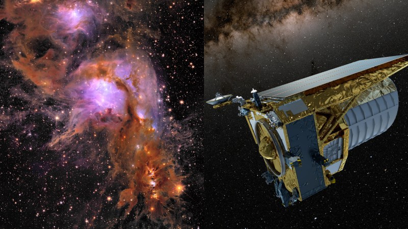 a pink and red galaxy (left). an illustration of the cylindrical euclid space telescope (right)