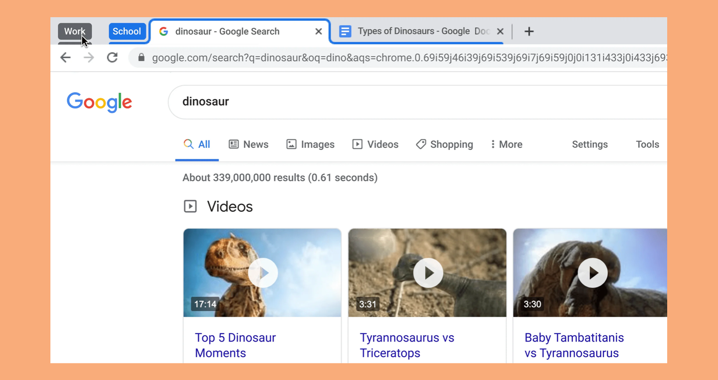 screenshot of google search for 'dinosaurs' with tabs used