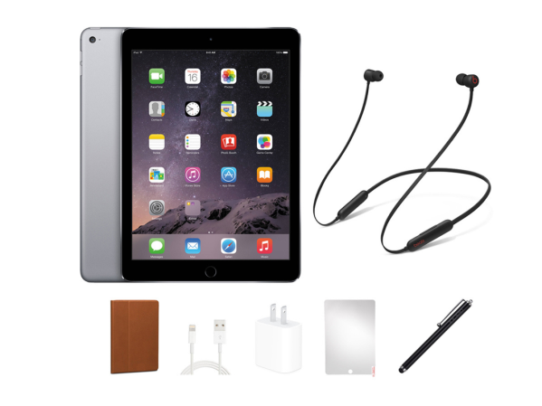 An iPad Air and Beats Flex headphones on a plain background.