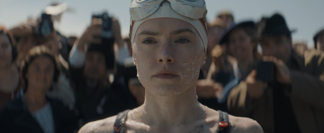 actress daisy ridely portraying swimmer gertrude ederle. 