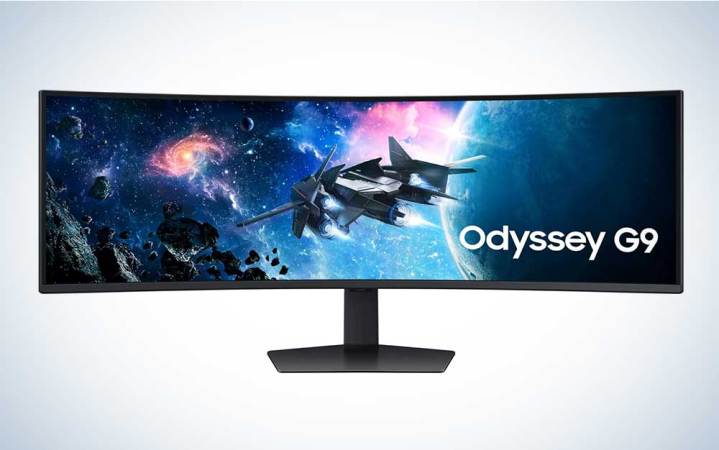  A Samsung Odyssey G9 gaming monitor on a plain background. 