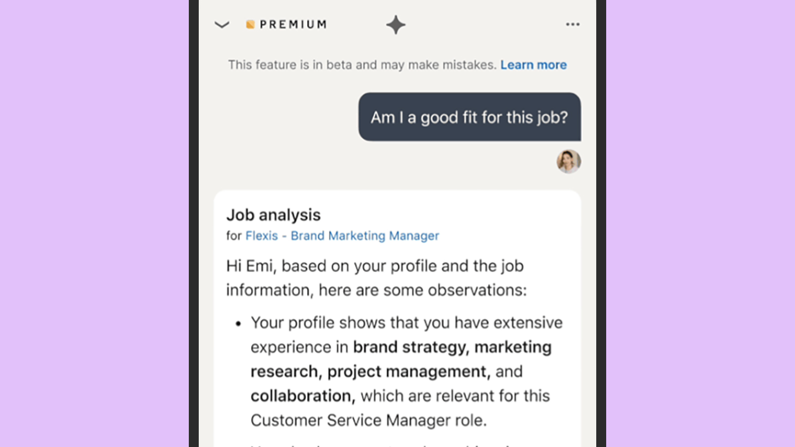 Screenshot of LinkedIn AI's job analytics feature