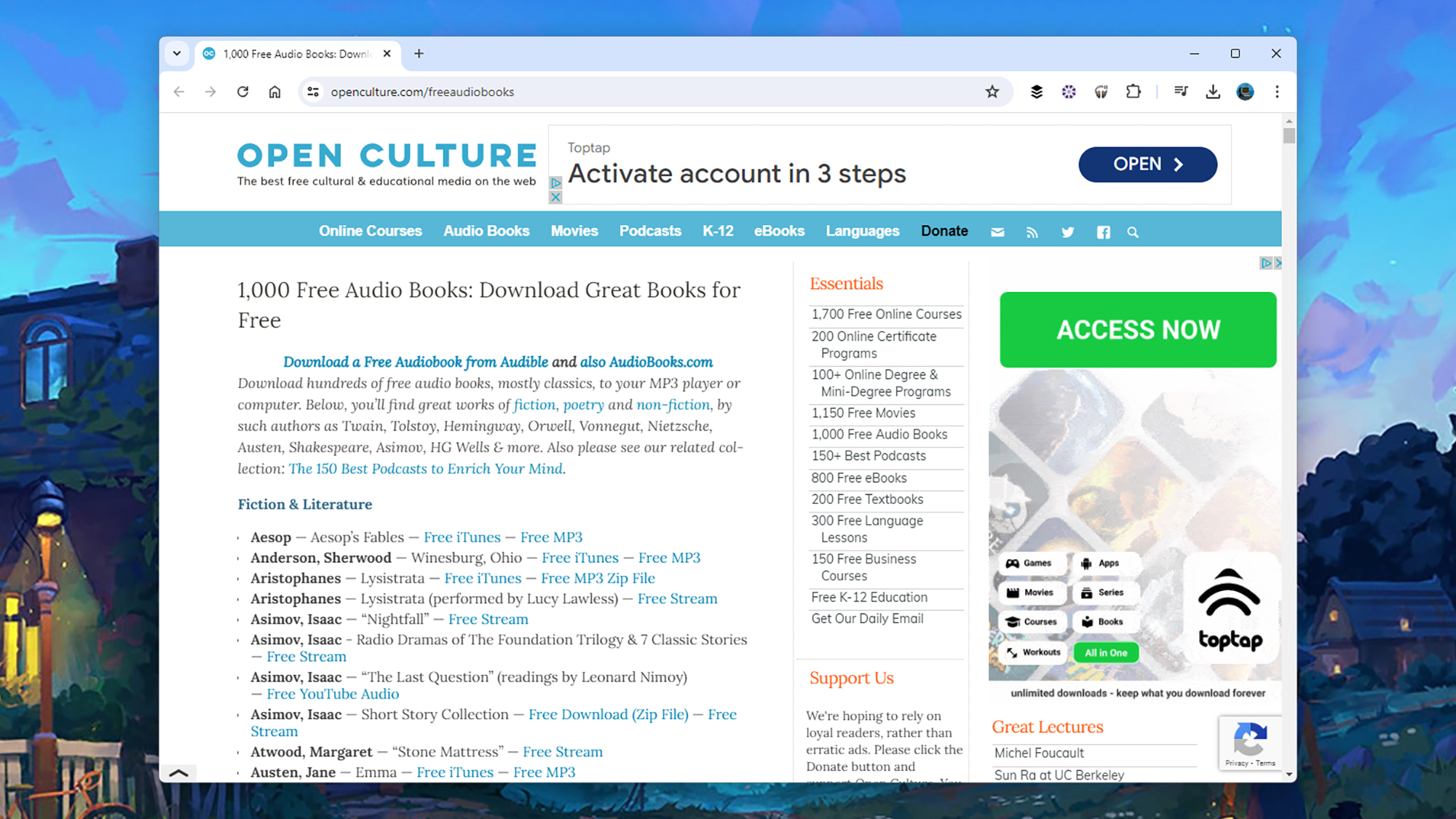 screenshot of open culture with audiobook page open