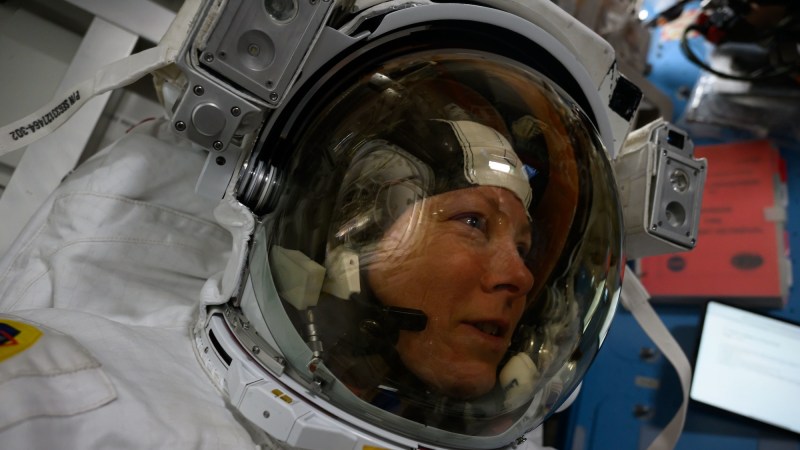 NASA astronaut and Expedition 71 Flight Engineer Tracy C. Dyson is pictured in her spacesuit prior to the start of a science and maintenance spacewalk that ended early after her suit experienced a water leak in the service and cooling umbilical unit.