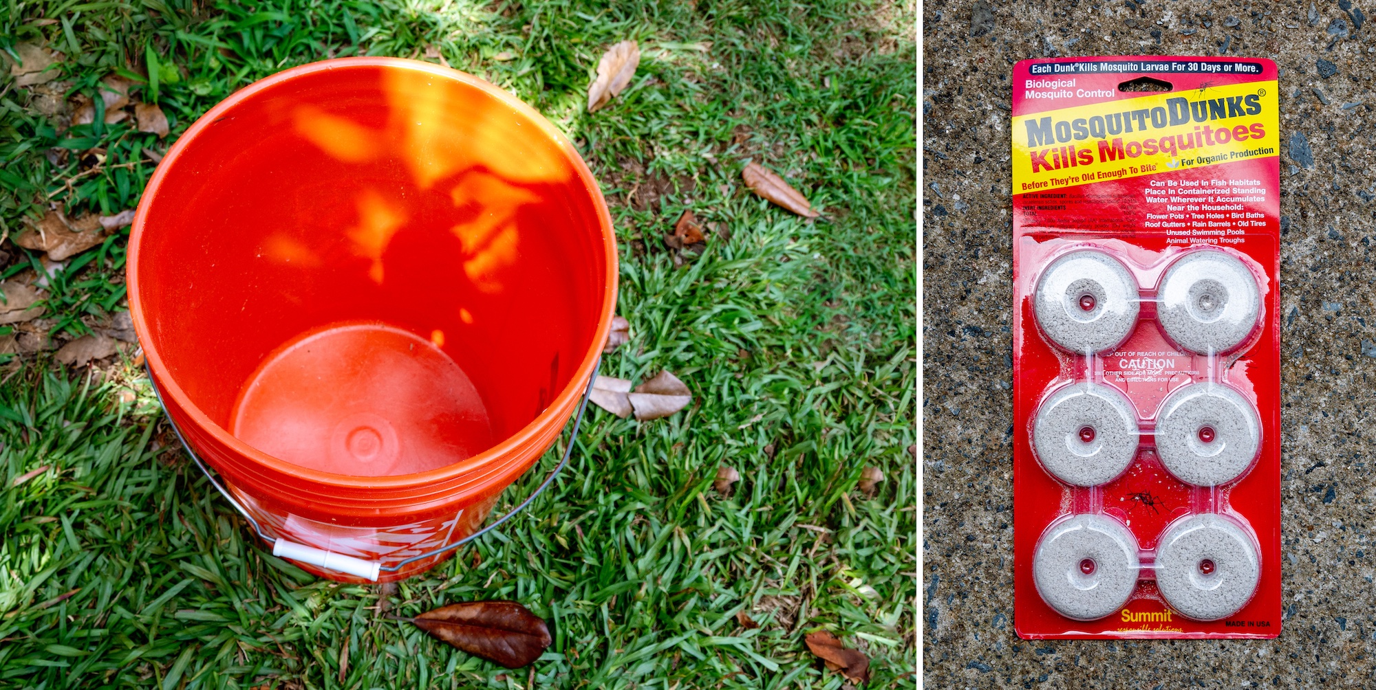 two images: one of an empty bucket on the grass, the other of a pack of mosquito dunks 