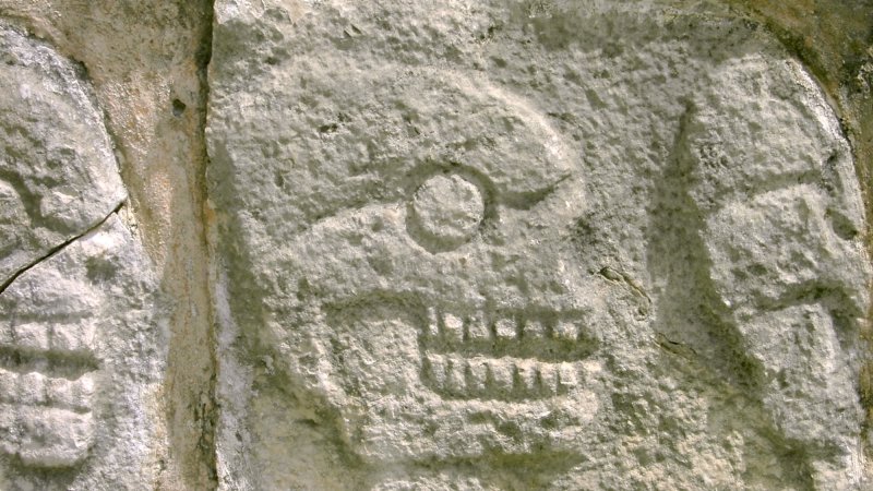 Detail from the reconstructed stone tzompantli, or skull rack, at Chichén Itzá.