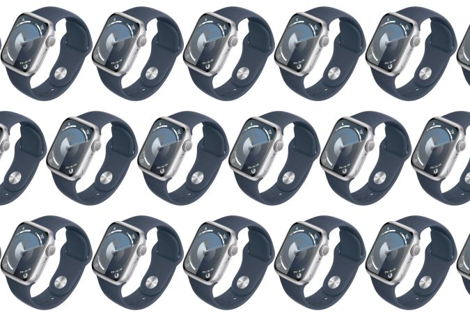 An Apple Watch Series 9 in a pattern on a plain background