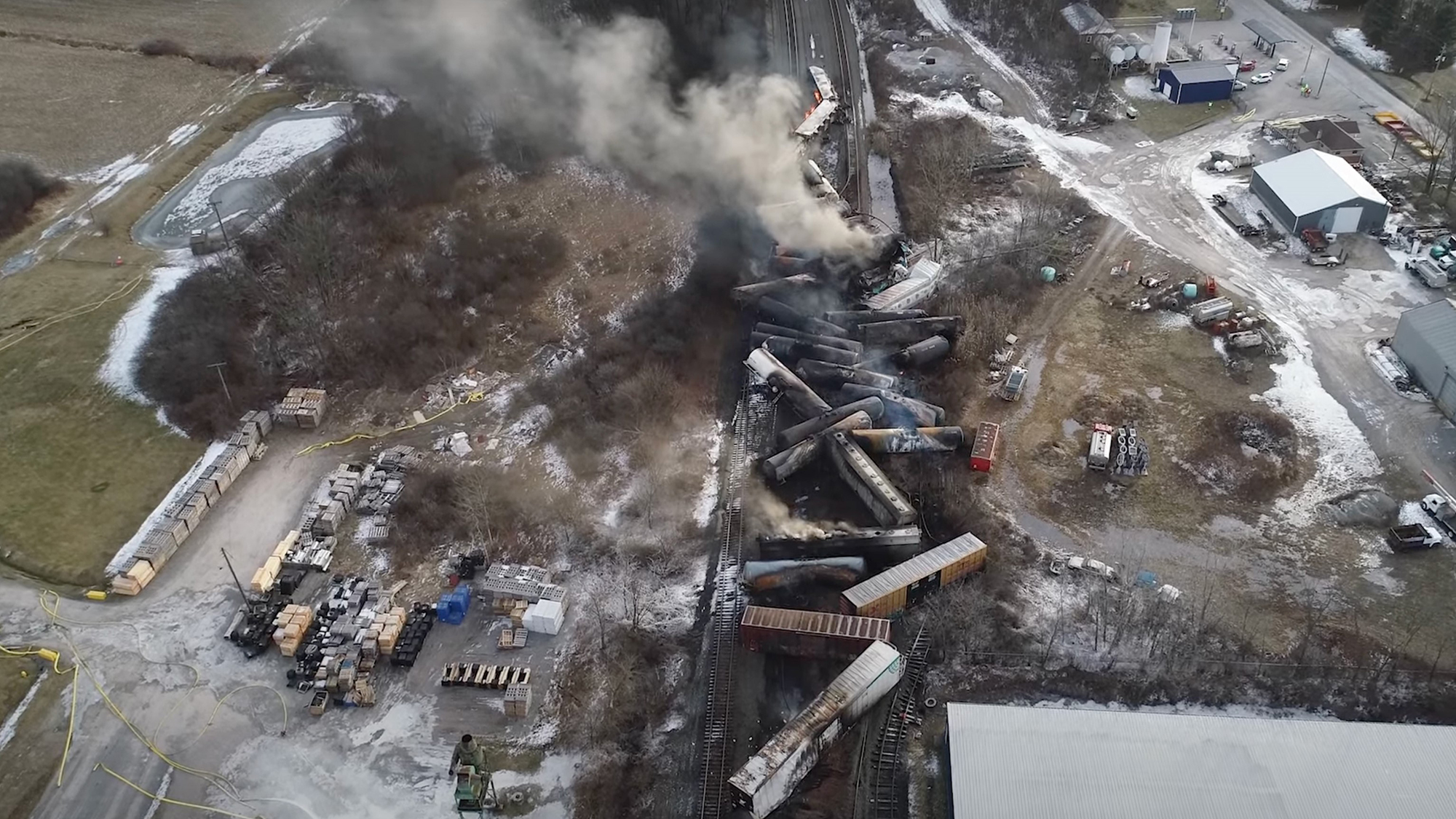 This video screenshot released by the U.S. National Transportation Safety Board (NTSB) shows the site of a derailed freight train in East Palestine, Ohio, the United States. About 50 Norfolk Southern freight train cars derailed on the night of Feb. 3 in East Palestine, a town of 4,800 residents near the Ohio-Pennsylvania border, due to a mechanical problem on an axle of one of the vehicles. There were a total of 20 hazardous material cars in the train consist, 10 of which derailed, according to the NTSB, a U.S. government agency responsible for civil transportation accident investigation.