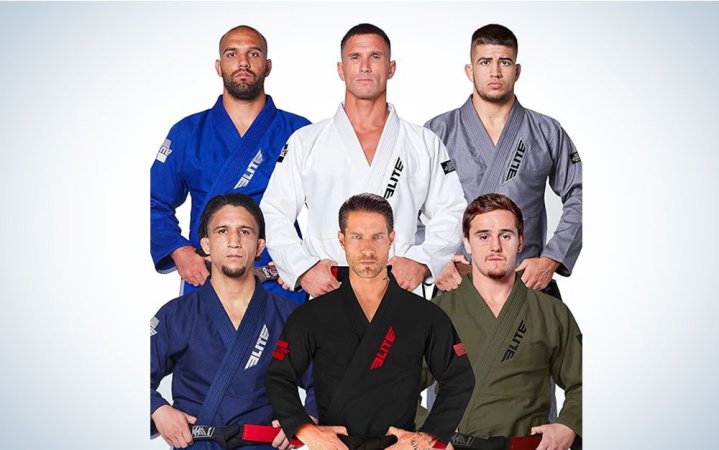  Men wearing different colors of Elite BJJ gis