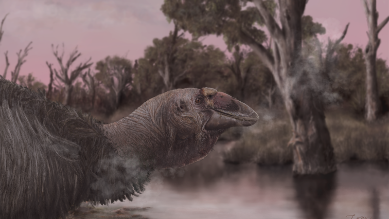 An artistic life reconstruction of Genyornis newtoni, the last of the dromornithids, at the water’s edge