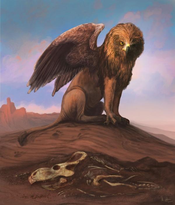 a painting of a griffin standing over a dinosaur skeleton