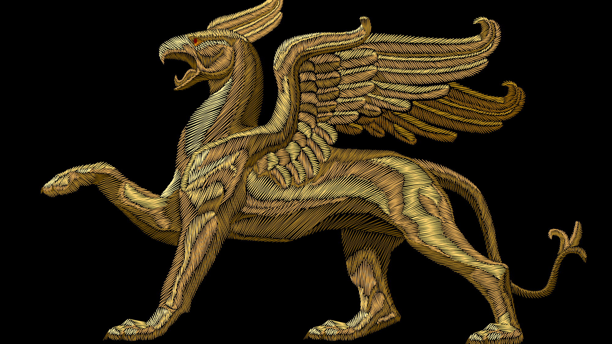an illustration of a gold griffin with the body of a lion and the head of a bird of prey