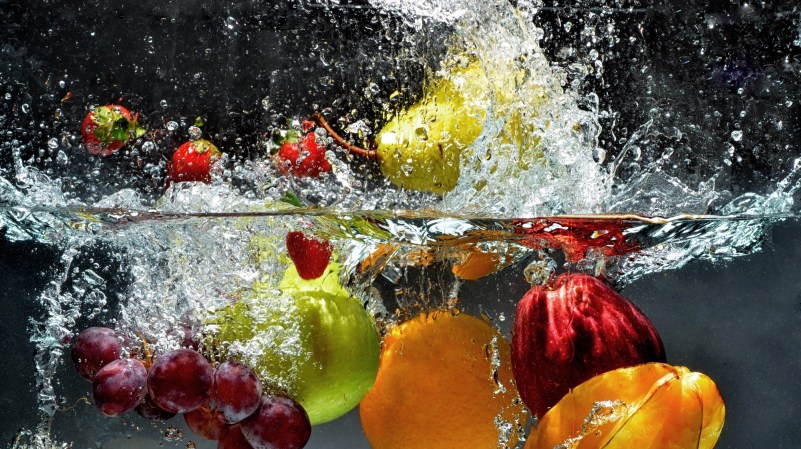 Fresh Fruit and Vegetables being shot as they submerged under water. So fresh and delicious. This idea can also be use to show washing food before being process further.