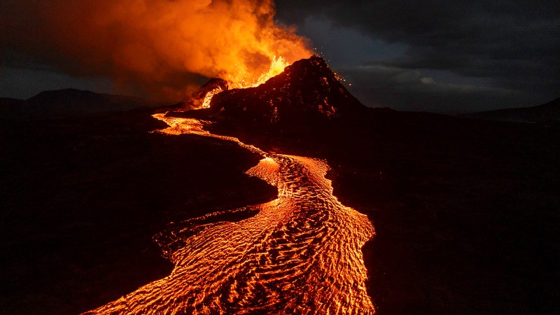 An aerial view of the lava flows from the Sundhnúkur volcano on June 3, 2024 on the Reykjanes peninsula near Grindavik, Iceland. The volcano has erupted five times since December 2023.