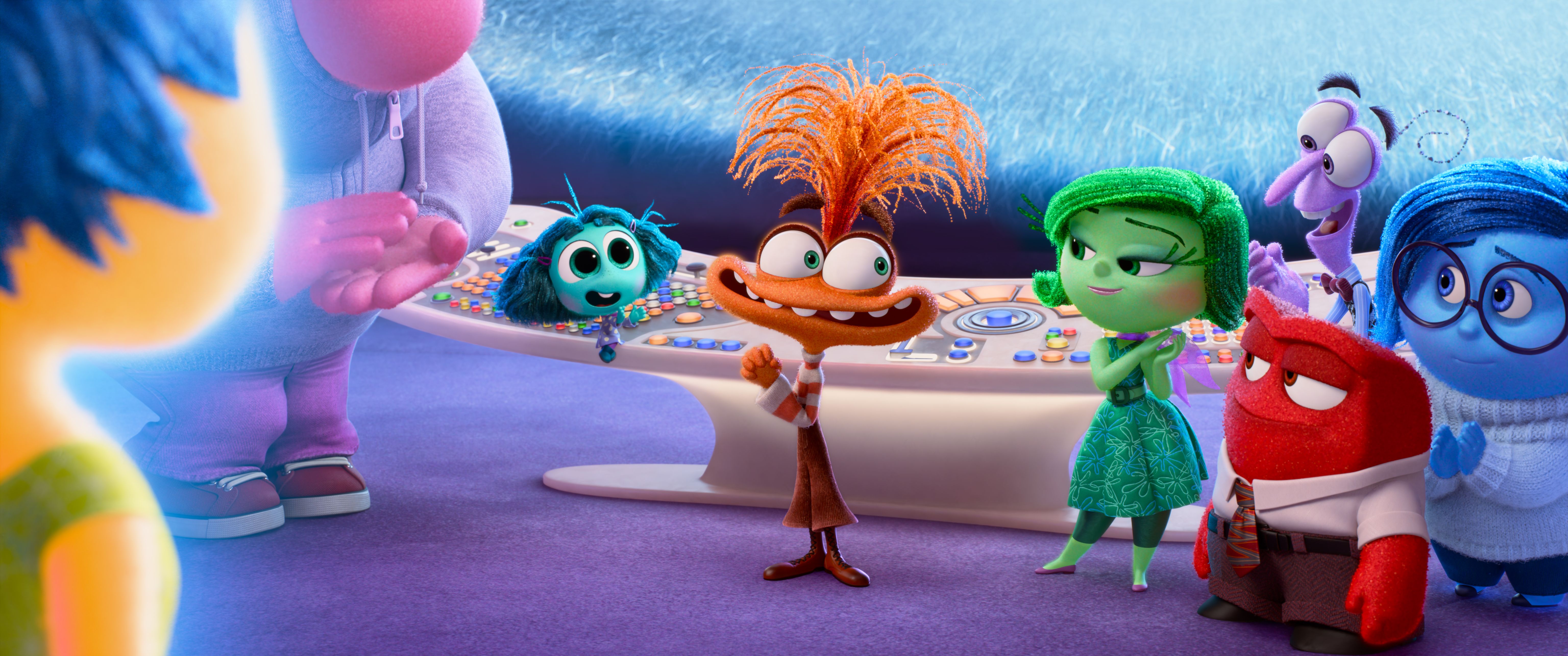 EXPANDED HEADQUARTERS -- Disney and Pixar’s “Inside Out 2” returns to the mind of newly minted teenager Riley, where headquarters expands to make room for new Emotions. Pictured from L-R: Joy (voice of Amy Poehler), Embarrassment (voice of Paul Walter Hauser), Envy (voice of Ayo Edebiri), Anxiety (voice of Maya Hawke), Disgust (voice of Liza Lapira), Anger (voice of Lewis Black), Fear (voice of Tony Hale) and Sadness (voice of Phyllis Smith). Directed by Kelsey Mann and produced by Mark Nielsen, “Inside Out 2” releases only in theaters June 14, 2024. © 2024 Disney/Pixar. All Rights Reserved.