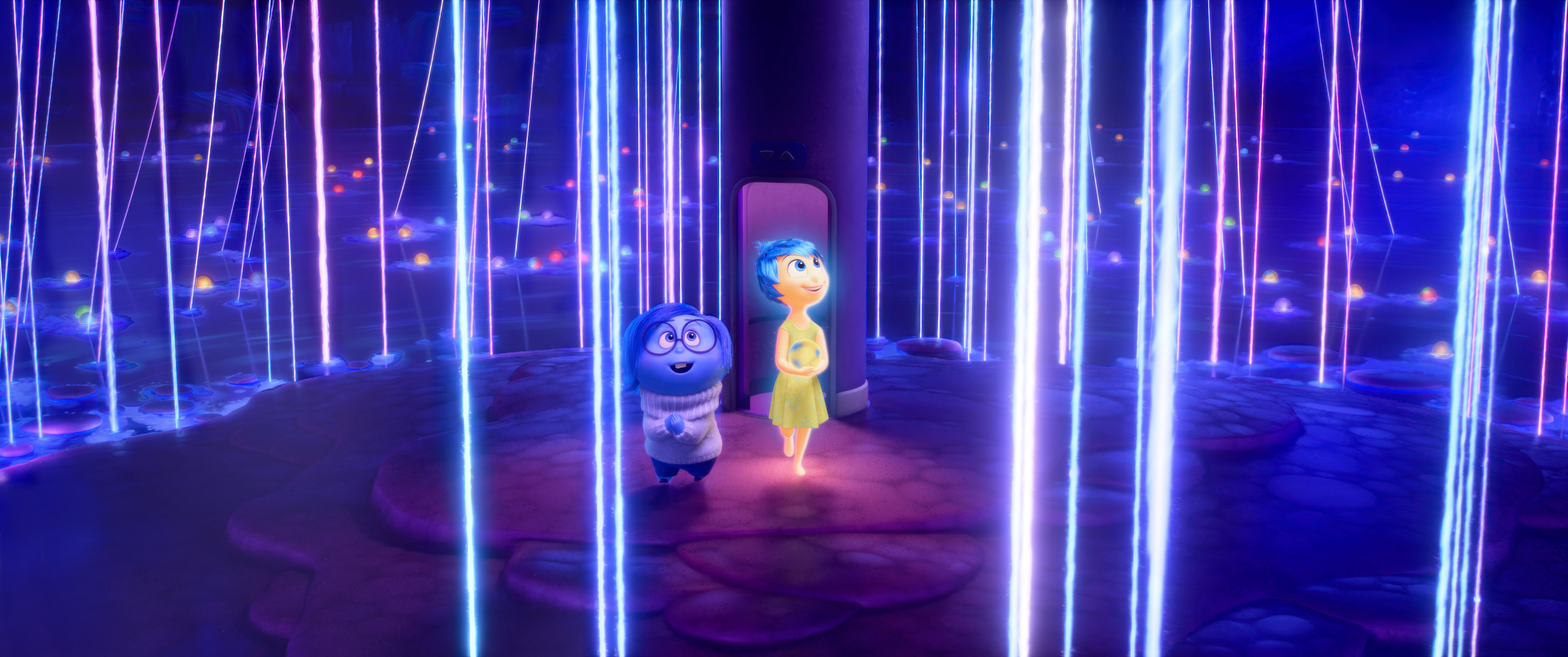BELIEF SYSTEM – In Disney and Pixar’s “Inside Out 2,” Riley’s Sense of Self is made up of all of her beliefs, each of which can be heard with the pluck of a string. Sadness (voice of Phyllis Smith) and Joy (voice of Amy Poehler) deliver key memories to this formative land. “Inside Out 2” releases only in theaters June 14, 2024. © 2024 Disney/Pixar. All Rights Reserved.