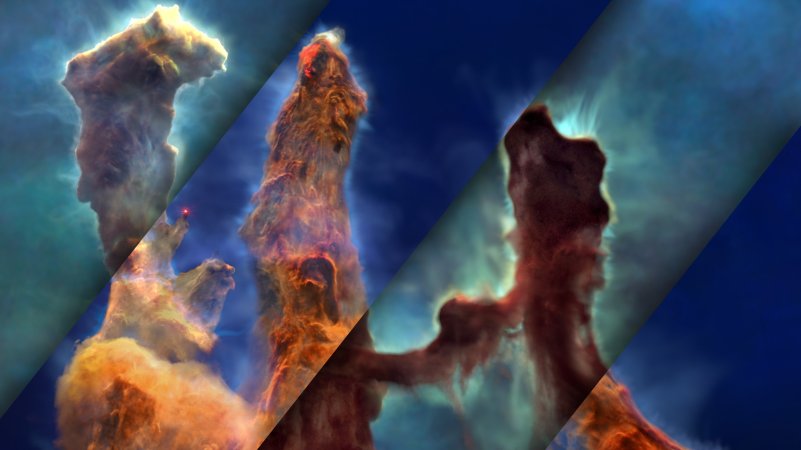 the tall and straight pillars of creation as seen with two space telescopes. these celestial bodies are finger-like figures of gas and dust