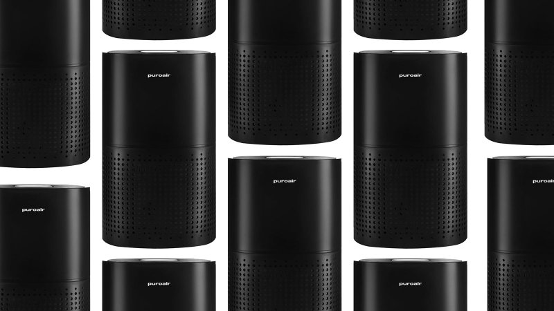 An array of Puroair air purifiers on a plain background