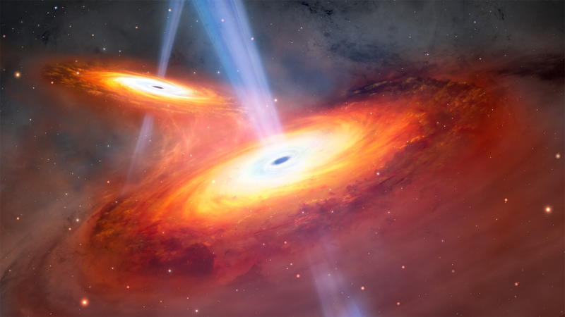 an illustration of two merging quasars in space. they are round yellow and orange disks, with a black hole in the center. white light is coming out of the center of the black hole.
