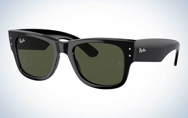  A pair of black Ray-Ban Mega Wayfarer Sunglasses on a plain background.