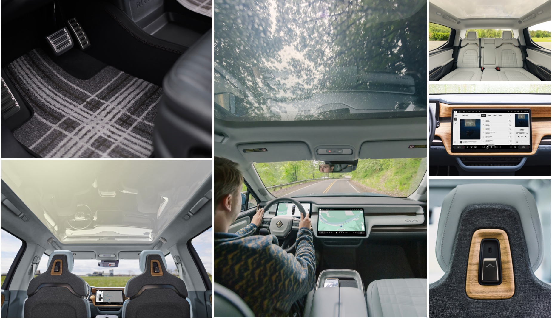 six photos showing the interior of the rivian cars, including seats, infotainment, and sun roof