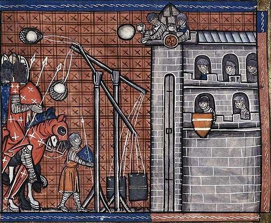 an illustration showing stones being catapulted at castle walls in 1266