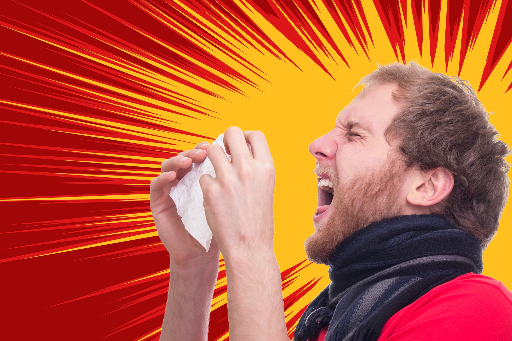man sneezing on a colorful, illustrated background