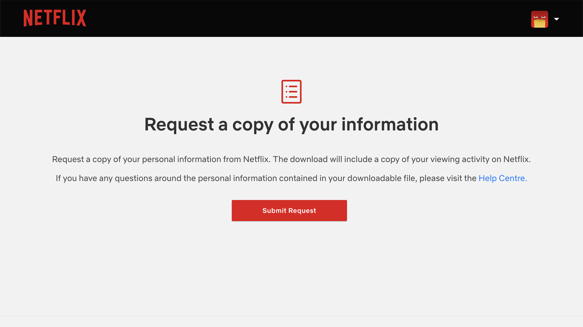 Pantalla de solicitud de copia de datos de Netflix